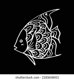 coral reef of hand-drawn ink vector. art print coral reef and fish. line fish on black.