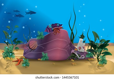 Coral reef with hermic crab. Underwater world landscape with different inhabitants. seabed with seaweed, seascape horizontal, ocean bottom. Vector illustration