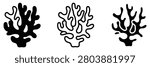 Coral reef icon set with marine sea sponge vector illustration for underwater ocean life, aquarium decoration, and aquatic nature symbol in black silhouette, outline linear style, and flat design isolated on white background.