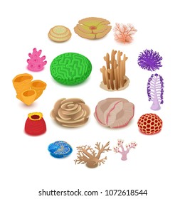 Coral reef icons set. Isometric illustration of 16 coral reef vector icons for web