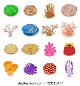 Coral reef icons set. Isometric illustration of 16 coral reef vector icons for web