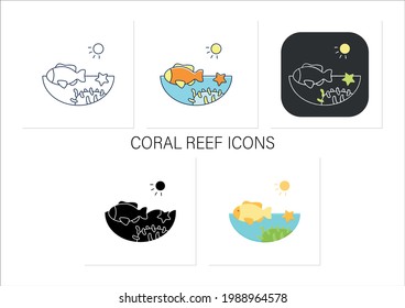 Coral reef icons set. Underwater ecosystem characterized by reef-building corals. Living place for seafish, starfish.Collection of icons in linear, filled, color styles.Isolated vector illustrations