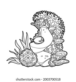 Coral reef inhabitants corals, sponges and fish object coloring book linear drawing isolated on white background