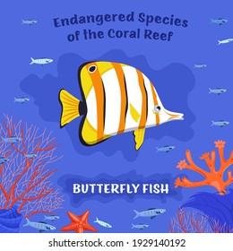 Coral reef inhabitants. Endangered fish species. Threatened fish stocks. Butterflyfish. Save the ocean concept. Editable vector illustration in bright colors. Colorful cartoon flat style.