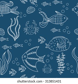Coral reef life, vector illustration. Sea fishes on dark blue backdrop. Underwater background. 