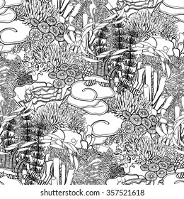 Coral reef  in line art style on white background. Ocean plants and rocks in the seamless pattern. Coloring page design for adults and kids 