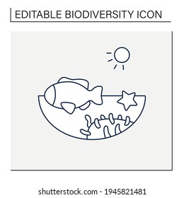 Coral reef line icon. Underwater ecosystem characterized by reef-building corals. Living place for seafish, starfish, corals. Biodiversity concept. Isolated vector illustration.Editable stroke