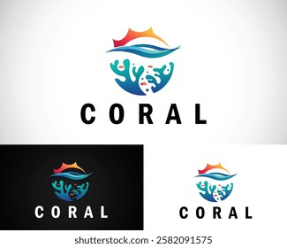 coral reef logo creative wave design concept sun ocean fish