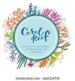 Coral reef logo. Lettering illustration with wreath of coral reef plants. Vector illustration. EPS 10