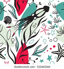Coral reef modern design vector seamless pattern. Underwater life with squid, plant, seashell and starfish, cute colors and fun creative elements.