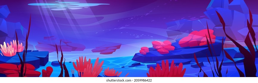 Coral reef ocean or sea underwater background. Bottom with sand and seaweeds grow at rocks under sunlight beam falling from above. Marine scene, undersea tropical life, Cartoon vector illustration