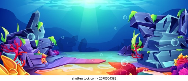 Coral reef ocean underwater background. Undersea landscape with sand bottom, seaweeds on rocks and turtle. Marine life on deep with falling sunlight beam and air bubbles. Sea aquatic world concept.