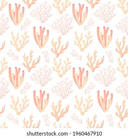 Coral reef pattern. Ocean world colorful seamless vector texture with drawings of underwater life. Marine repeat design for fabric, textile, wallpaper, fashion, web page background.