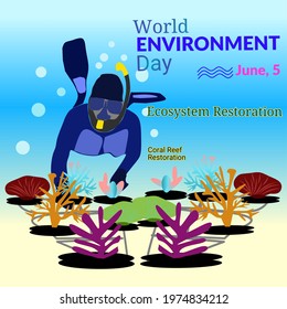 Coral reef restoration illustration vector, good as poster of world environment day with theme "ecosystem restoration"