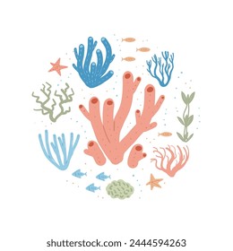 Coral reef round composition set isolated on white background. Sea underwater elements. Vector flat illustration.