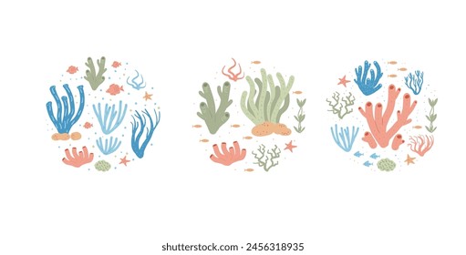Coral reef round compositions set isolated on white background. Sea underwater elements. Vector flat illustration.