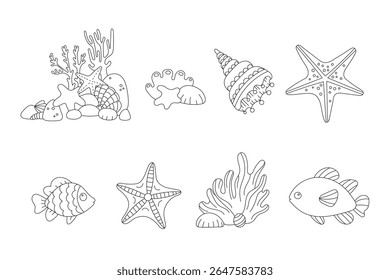 Coral reef scene with fish, seashells and starfish coloring page vector illustration, underwater ocean elements for creative fun