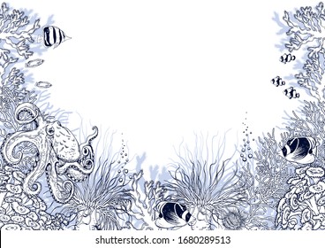 Coral reef scenery with underwater creatures, octopus and tropical fishes. Sketchy vector illustration isolated on white background.