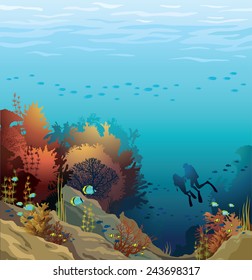 Coral reef with school of fish and silhouette of two divers on a blue sea. Underwater vector illustration.