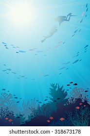 Coral reef with school of fish and silhouette of two divers on a blue sea background, Vector underwater illustration.