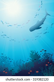 Coral reef with school of fish and silhouette of whale shark on a blue ocean. Vector underwater illustration.