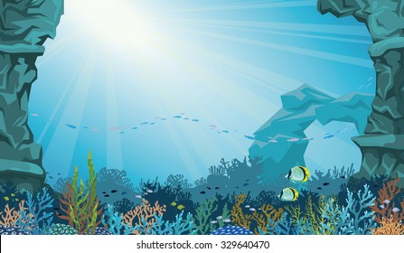 Coral reef with school of fish and underwater arch on a blue sea background. Underwater seascape vector illustration.