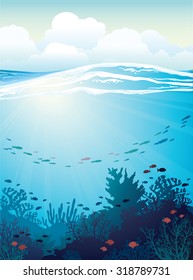 Coral reef with school of fish and white waves on a blue sea background. Vector underwater illustration.