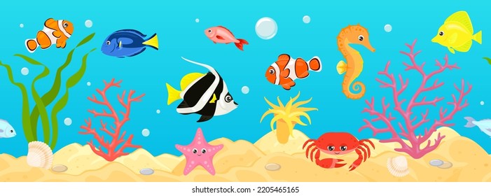 Banner impecable sobre la vida en el arrecife de coral. Paisaje submarino con cangrejo lindo, pez estrella, pez dorado, pez antiniebla, tango azul y amarillo, cebrasoma, pez payaso, caballito de mar y corales. Ilustración de dibujos animados 