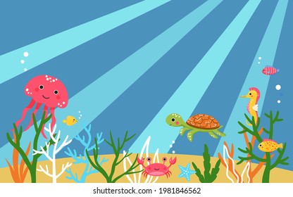 Coral reef seabed and marine animals - jellyfish, turtle, seahorse, crab, fish and algae. Cute hand drawn vector cartoon characters. Childish underwater landscape illustration with sun rays