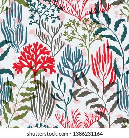 Coral reef seamless pattern. Kelp laminaria seaweed algae background. Sea reef nature pattern. Aquatic plants repeating vector background. Ocean depth undersea bottom coral reef flourish.