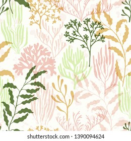 Coral reef seamless pattern. Kelp laminaria seaweed algae background. Abstract Great Barrier Reef corals background. Marine water plants wallpaper vector graphics. Exotic marine life pattern.
