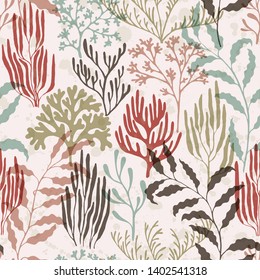 Coral reef seamless pattern. Kelp laminaria seaweed algae background. Underwater plants textile print vector design. Red Sea coral reef branches and bushes cartoon. Organic botanical pattern.