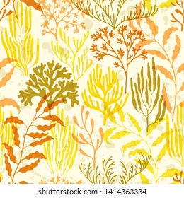 Coral reef seamless pattern. Kelp laminaria seaweed algae background. Exotic marine life pattern. Caribbean staghorn and pillar corals diversity. Marine water plants wallpaper vector graphics.