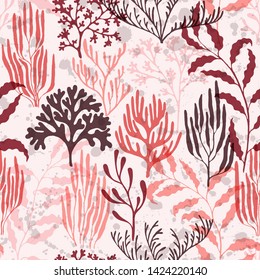 Coral reef seamless pattern. Kelp laminaria seaweed algae background. Undersea reef flora pattern. Tropical coral reef branch silhouette elements. Underwater plants textile print vector design.