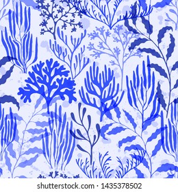Coral reef seamless pattern. Kelp laminaria seaweed algae background. Underwater plants fabric vector illustration. Ocean bottom summer pattern. Caribbean staghorn and pillar corals diversity.