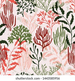 Coral reef seamless pattern. Kelp laminaria seaweed algae background. Tropical coral reef bush silhouette elements. Natural summer pattern. Aquarium water plants summer vector design.
