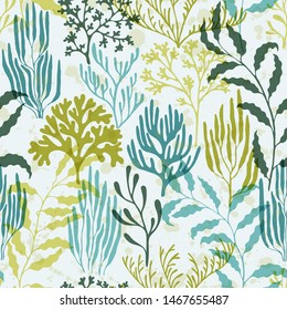 Coral reef seamless pattern. Kelp laminaria seaweed algae background. Undersea reef flora pattern. Aquarium water plants summer vector design. Red Sea coral reef branches and bushes cartoon.