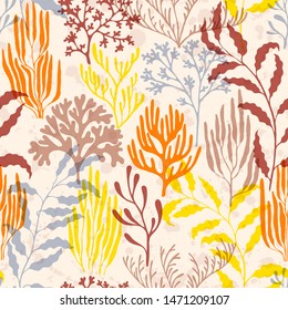 Coral reef seamless pattern. Kelp laminaria seaweed algae background. Tropical coral reef bush silhouette elements. Underwater plants fabric vector illustration. Undersea reef flora pattern.