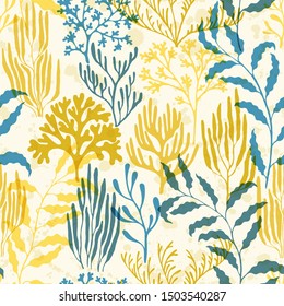 Coral reef seamless pattern. Kelp laminaria seaweed algae background. Organic botanical pattern. Underwater plants textile print vector design. Australian staghorn and pillar corals branches.