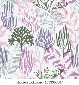 Coral reef seamless pattern. Kelp laminaria seaweed algae background. Ocean bottom summer pattern. Aquatic plants repeating vector background. Abstract Great Barrier Reef corals background.