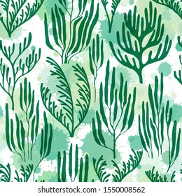 Coral reef seamless pattern. Kelp laminaria seaweed algae background. Undersea reef flora pattern. Ocean depth undersea bottom coral reef flourish. Underwater plants textile print vector design.