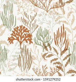 Coral reef seamless pattern. Kelp laminaria seaweed algae background. Red Sea coral reef branches and bushes cartoon. Aquatic plants repeating vector background. Natural summer pattern.