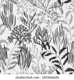 Coral reef seamless pattern. Kelp laminaria seaweed algae background. Undersea reef flora pattern. Caribbean staghorn and pillar corals diversity. Underwater plants textile print vector design.