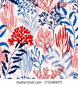 Coral reef seamless pattern. Kelp laminaria seaweed algae background. Tropical coral reef bush silhouette elements. Marine water plants wallpaper vector graphics. Undersea reef flora pattern.