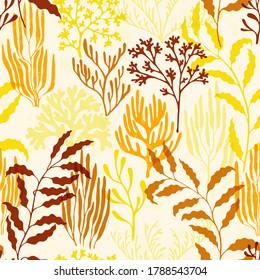 Coral reef seamless pattern. Kelp laminaria seaweed algae background. Underwater plants textile print vector design. Ocean bottom summer pattern. Mediterranean staghorn and pillar corals bushes.
