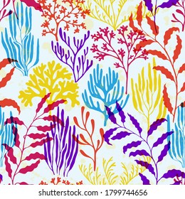 Coral reef seamless pattern. Kelp laminaria seaweed algae background. Aquatic plants repeating vector background. Natural summer pattern. Ocean depth undersea bottom coral reef flourish.