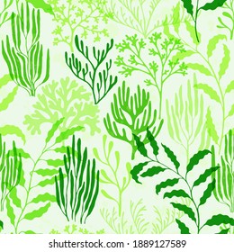 Coral reef seamless pattern. Kelp laminaria seaweed algae background. Organic botanical pattern. Underwater plants textile print vector design. Australian staghorn and pillar corals branches.