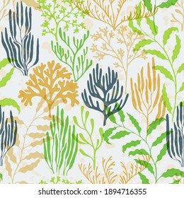 Coral reef seamless pattern. Kelp laminaria seaweed algae background. Ocean bottom summer pattern. Tropical coral reef bush silhouette elements. Aquatic plants vector background in green orange colors