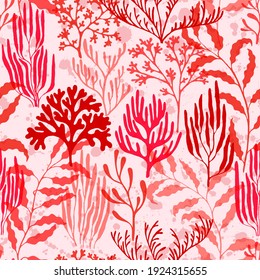 Coral reef seamless pattern. Kelp laminaria seaweed algae background. Caribbean staghorn and pillar corals diversity. Ocean bottom summer pattern. Aquarium water plants summer vector design.