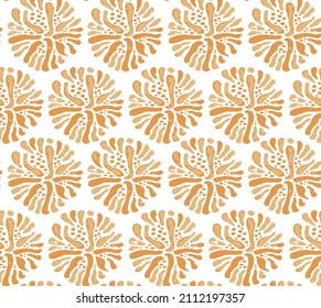 Patrón de arrecife de coral sin fisuras. El océano mundo colorido bajo el agua de fondo anaranjado estilo vintage. Diseño de repetición sin costuras para tela, textil, papel de mano, moda